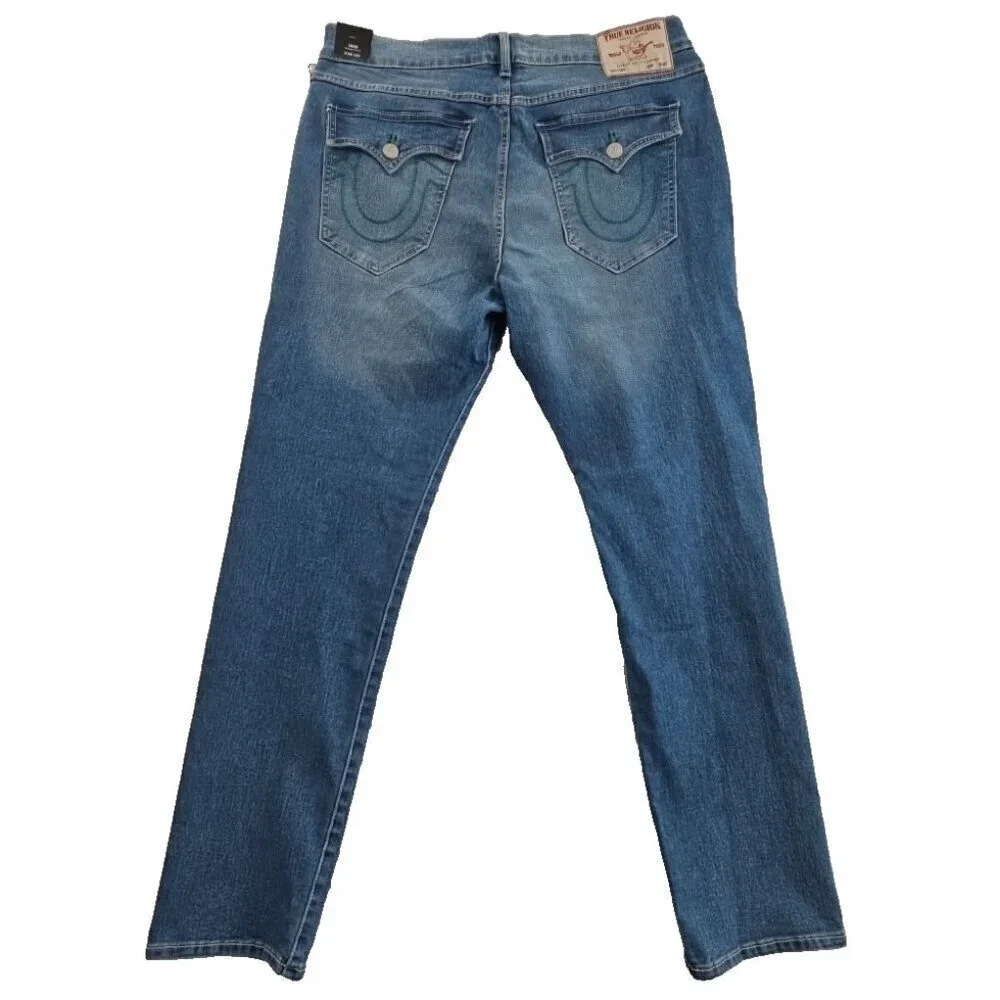NWT True Religion Rocco Jeans Men's 36x32 Light Relaxed Flap Pocket Green Stitch
